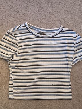 SHEIN White, Blue & Black Striped Ribbed Short Sleeve Tee